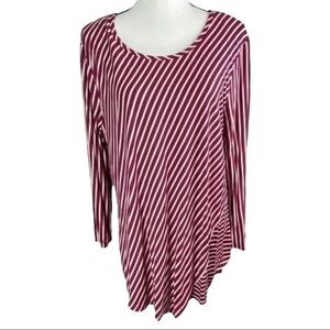 Jaclyn Smith Top Three Quarter Sleeve Asymetric Hem Burgundy and White Striped